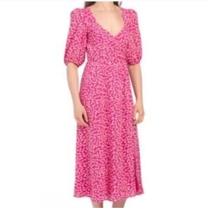 WAYF Pink Midi Dress with Daisy Pattern and Puff Sleeves